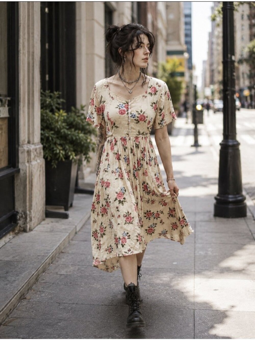 VTG 90s Floral Dress Sz M Tie Back Button Front Cream Cottagecore Fairy Grunge